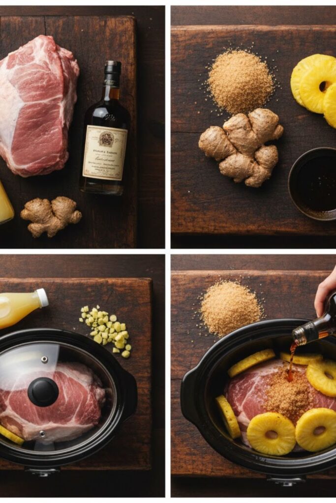 A flat-lay collage featuring a raw pork shoulder, a bottle of dark rum, pineapple juice, brown sugar, and fresh ginger, arranged around a slow cooker.