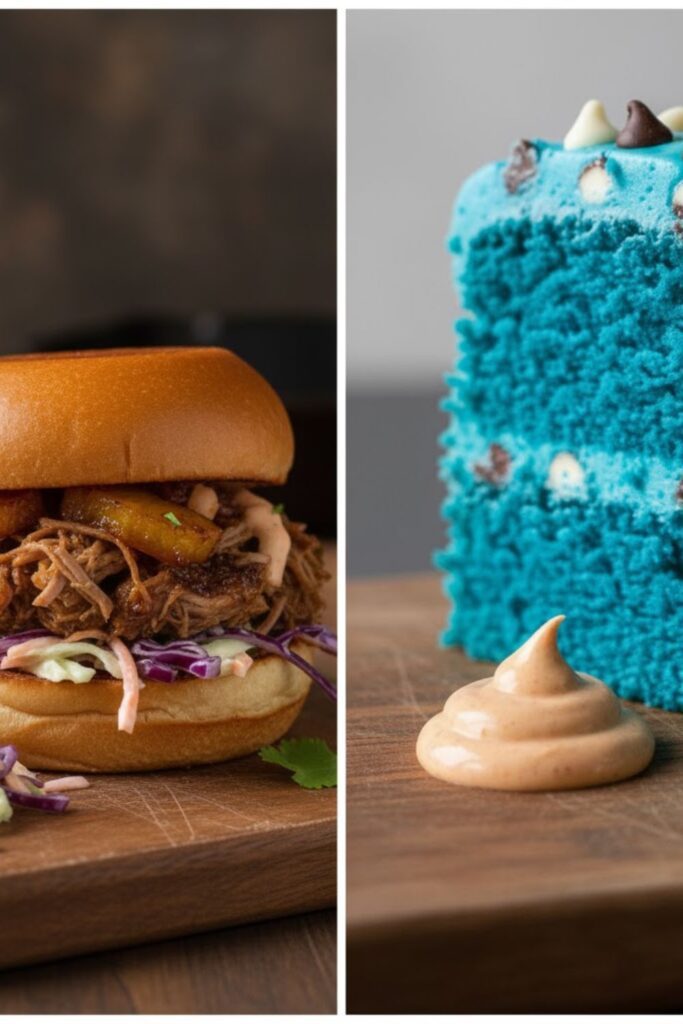 A side-by-side image: On the left, the Rum pineapple pork served on a slider bun with a side of coleslaw. On the right, a close-up of a serving of the pork next to a slice of vibrant blue cookie monster cake.