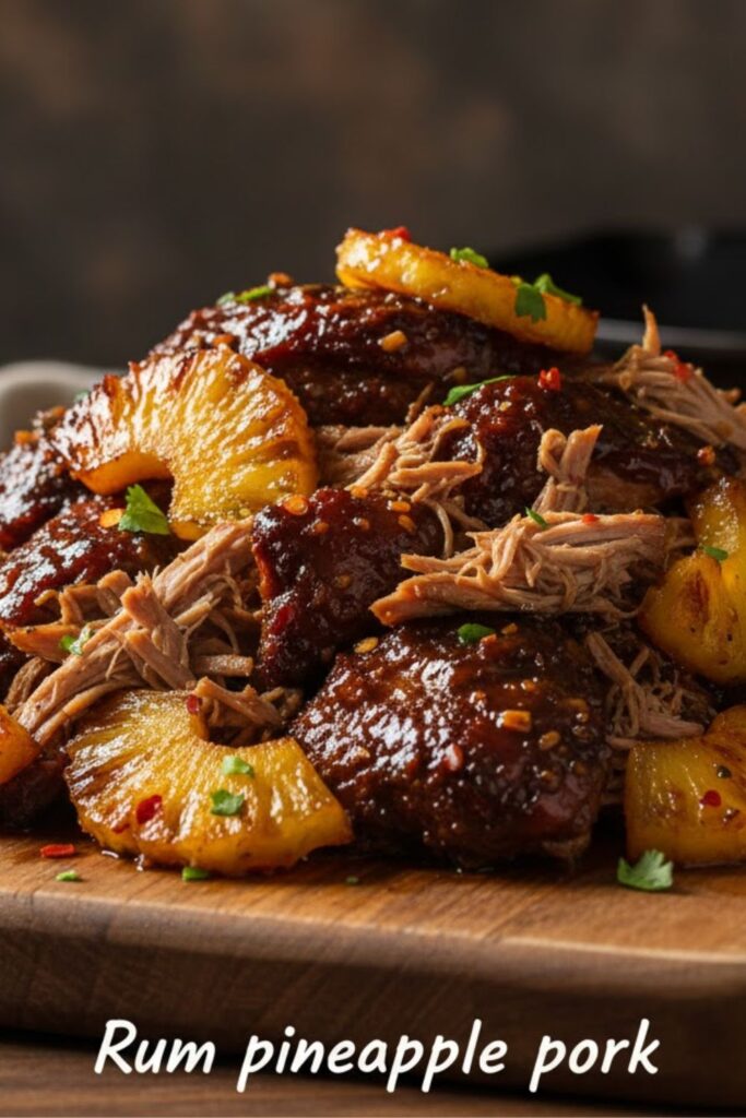 A close-up shot of shredded Rum pineapple pork glistening with a dark, sticky glaze, served on a cutting board next to chunks of caramelized pineapple. The text overlay reads: RUM PINEAPPLE PORK.