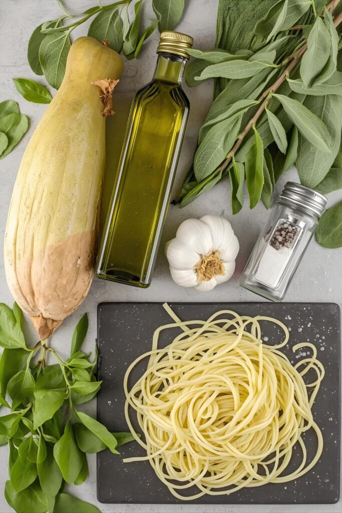A visually appealing flat-lay collage of all the fresh ingredients for rutabaga noodles: a whole rutabaga, a bottle of olive oil, fresh sage leaves, a head of garlic, salt and pepper shakers, and a handful of cooked, spiralized rutabaga noodles on a slate board.