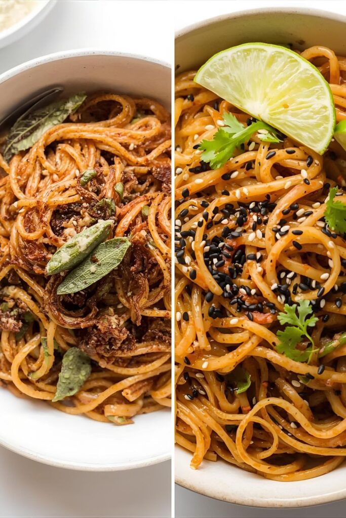 A side-by-side photo showing two different bowls of rutabaga noodles. On the left, a bowl of Keto Brown Butter Rutabaga Noodles with crispy sage; on the right, a close-up, tempting shot of Asian-Style Spicy Rutabaga Noodles topped with black sesame seeds and lime wedges.