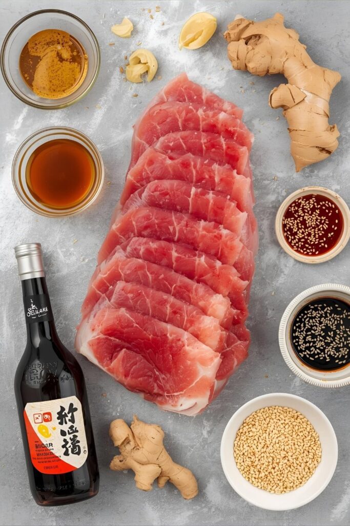 A flat-lay collage featuring a raw tuna loin, a bottle of sake, soy sauce, fresh ginger, and sesame seeds, all arranged around a glass bowl containing the marinade.