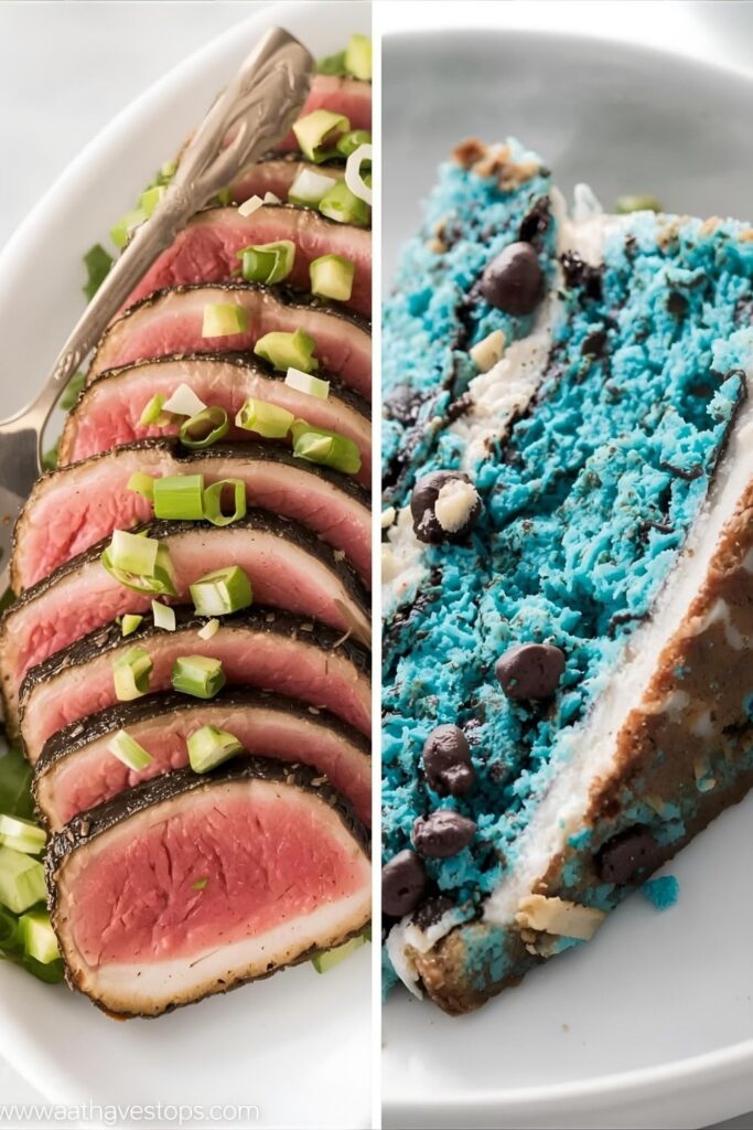 A side-by-side image: On the left, the sliced tuna served as an appetizer with avocado and scallions. On the right, a close-up of a slice of the tuna served next to a piece of vibrant blue cookie monster cake.