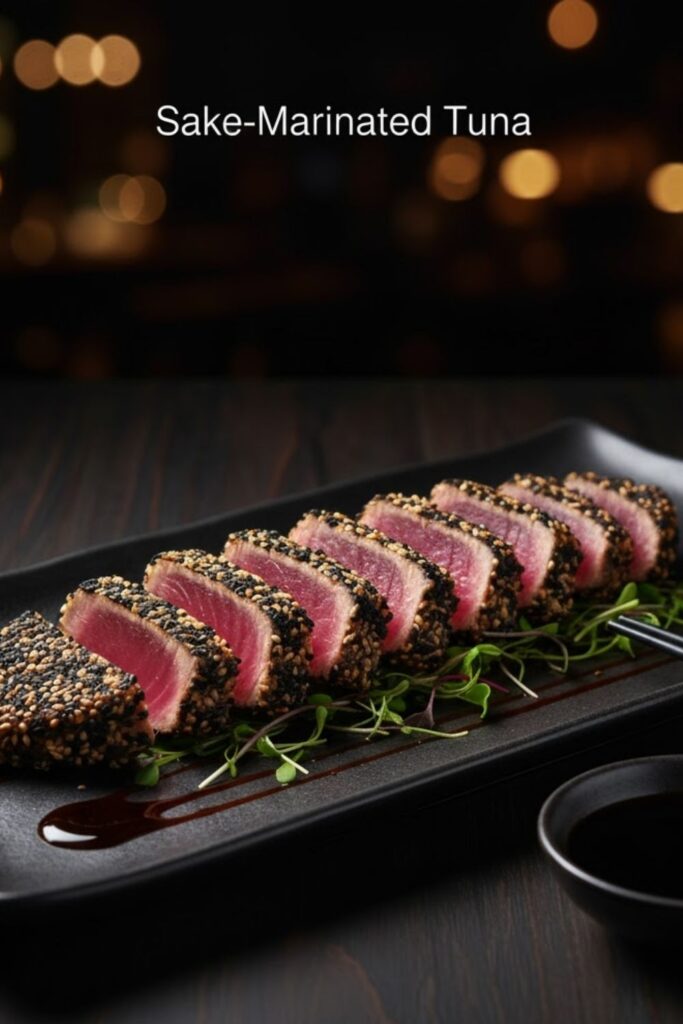 A close-up, high-angle shot of a perfectly seared tuna loin sliced to show the rare pink center and dark sesame crust, served over a bed of white rice or greens. The text overlay reads: SAKE-MARINATED TUNA