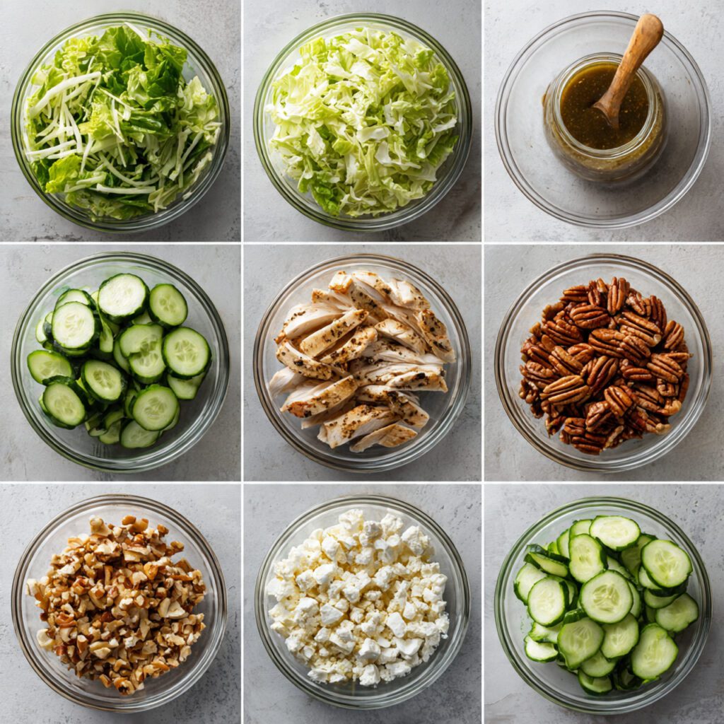 A collage of various ingredients neatly prepped: shredded romaine, sliced cucumbers, crumbled feta, diced grilled chicken, toasted pecans, and a jar of homemade vinaigrette.