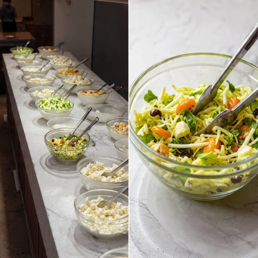 Two variations of the salad station: one is a wide shot showing the entire organized buffet line with empty mixing bowls, and the other is an extreme close-up of a perfectly tossed, colorful salad in a large bowl with tongs.