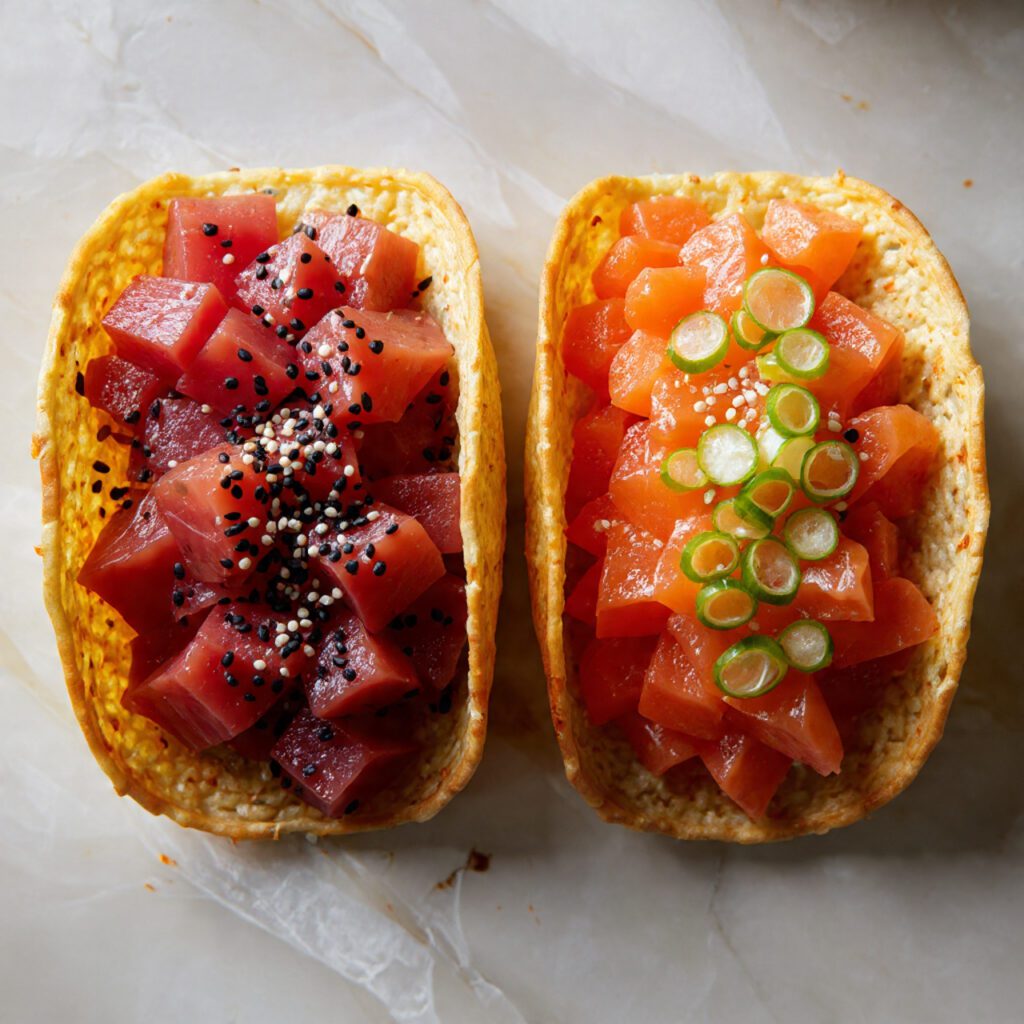 A diptych showcasing two types of sushi tacos: one filled with red ahi tuna and the other with pink salmon, both garnished differently. A close-up shows the crisp texture of the fried nori shell