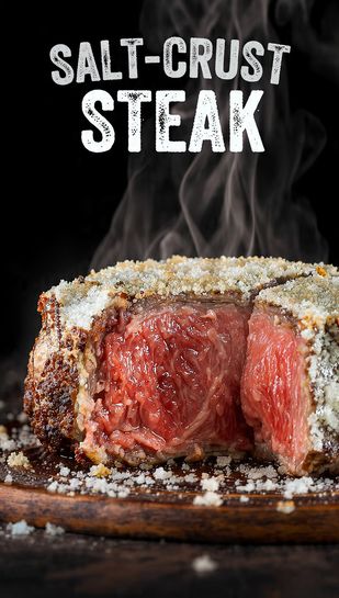 A large, thick beef steak that has just been cracked out of a thick, white salt crust, revealing a perfectly pink, medium-rare interior. Text overlay reads: SALT-CRUST STEAK