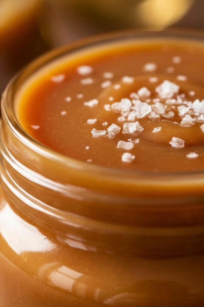 An extreme close-up macro photograph of the smooth, glossy surface of the finished salted caramel sauce in a jar, with visible flakes of sea salt.