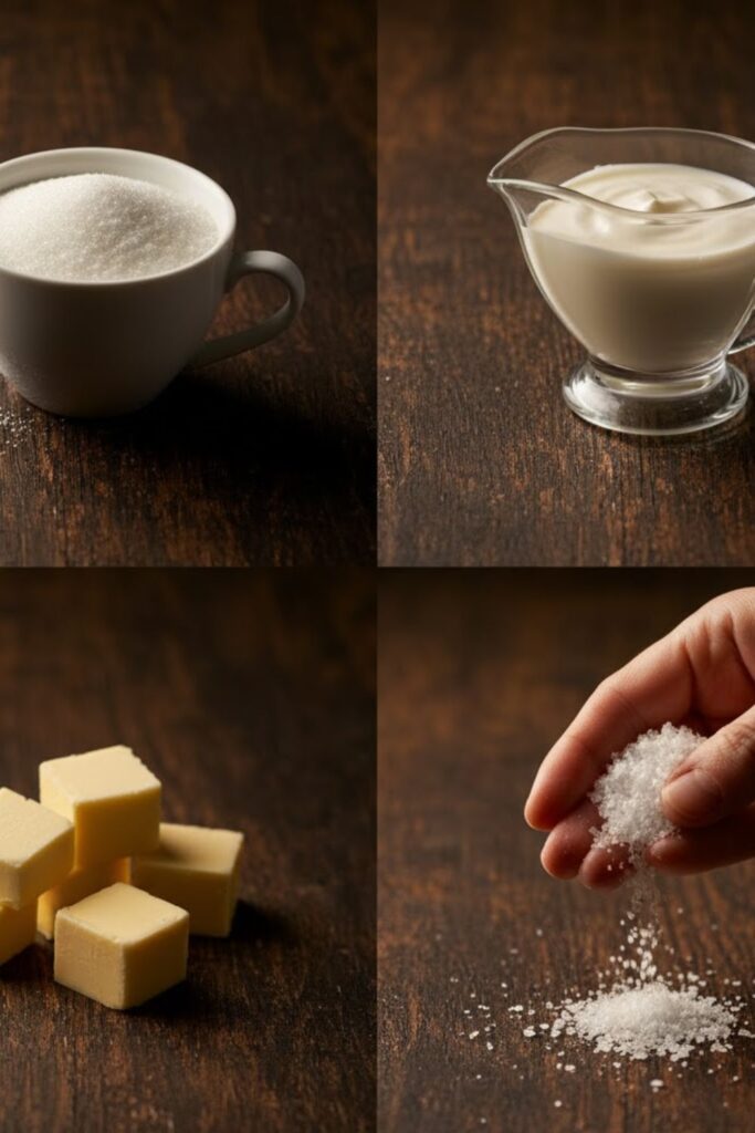 A rustic collage image showing the four key ingredients: white granulated sugar, heavy cream, unsalted butter cubes, and a small pile of flaky sea salt.