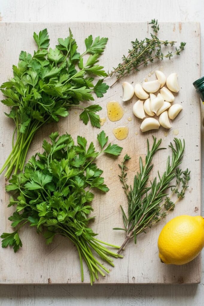 Flat lay collage of fresh parsley, rosemary, thyme, garlic, olive oil, and lemon for savory herb paste.