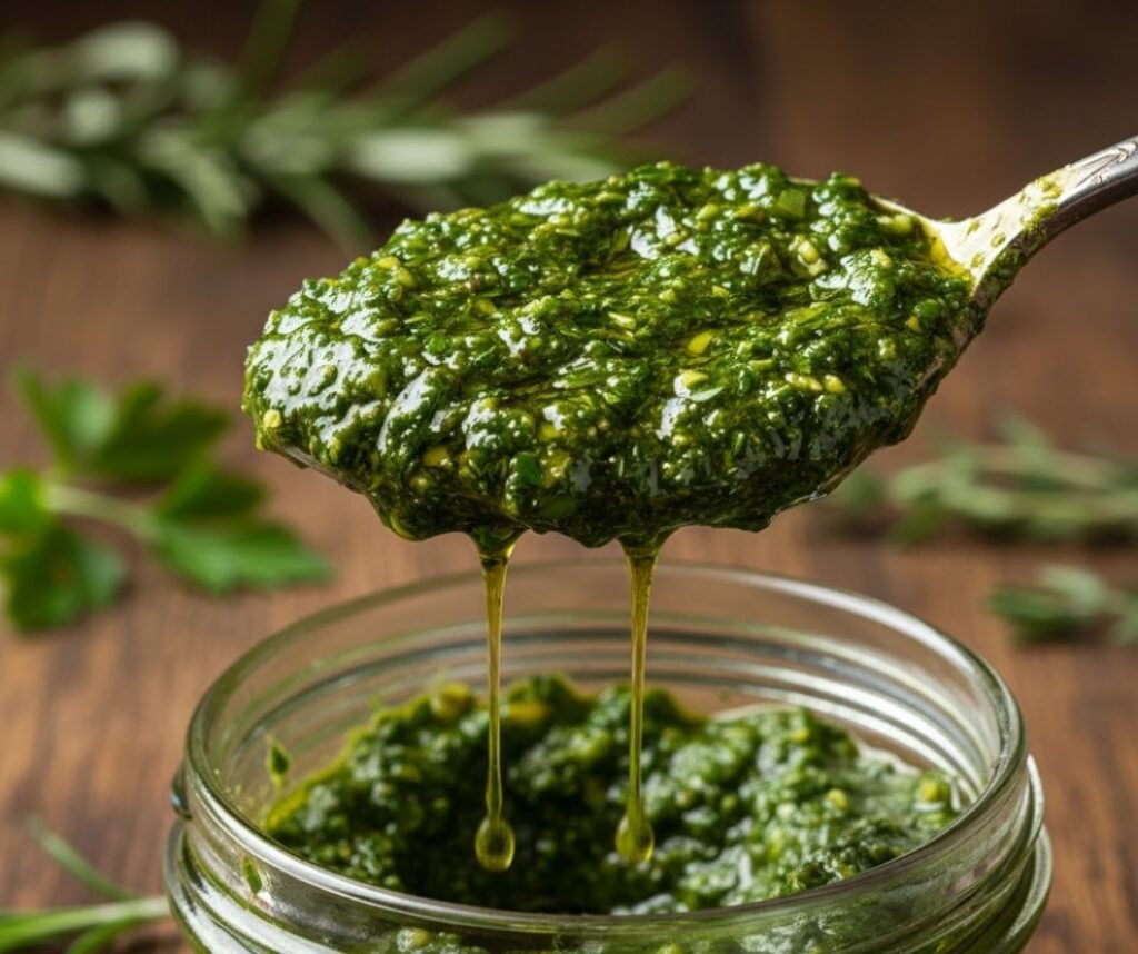 Close-up of a spoon scooping vibrant green savory herb paste from a jar.)