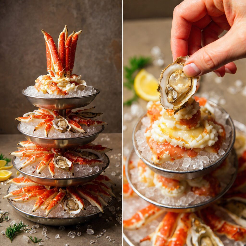 Two views of the Seafood Tower: base tier being packed with ice and crab, and a close-up of an oyster being picked up by hand.
