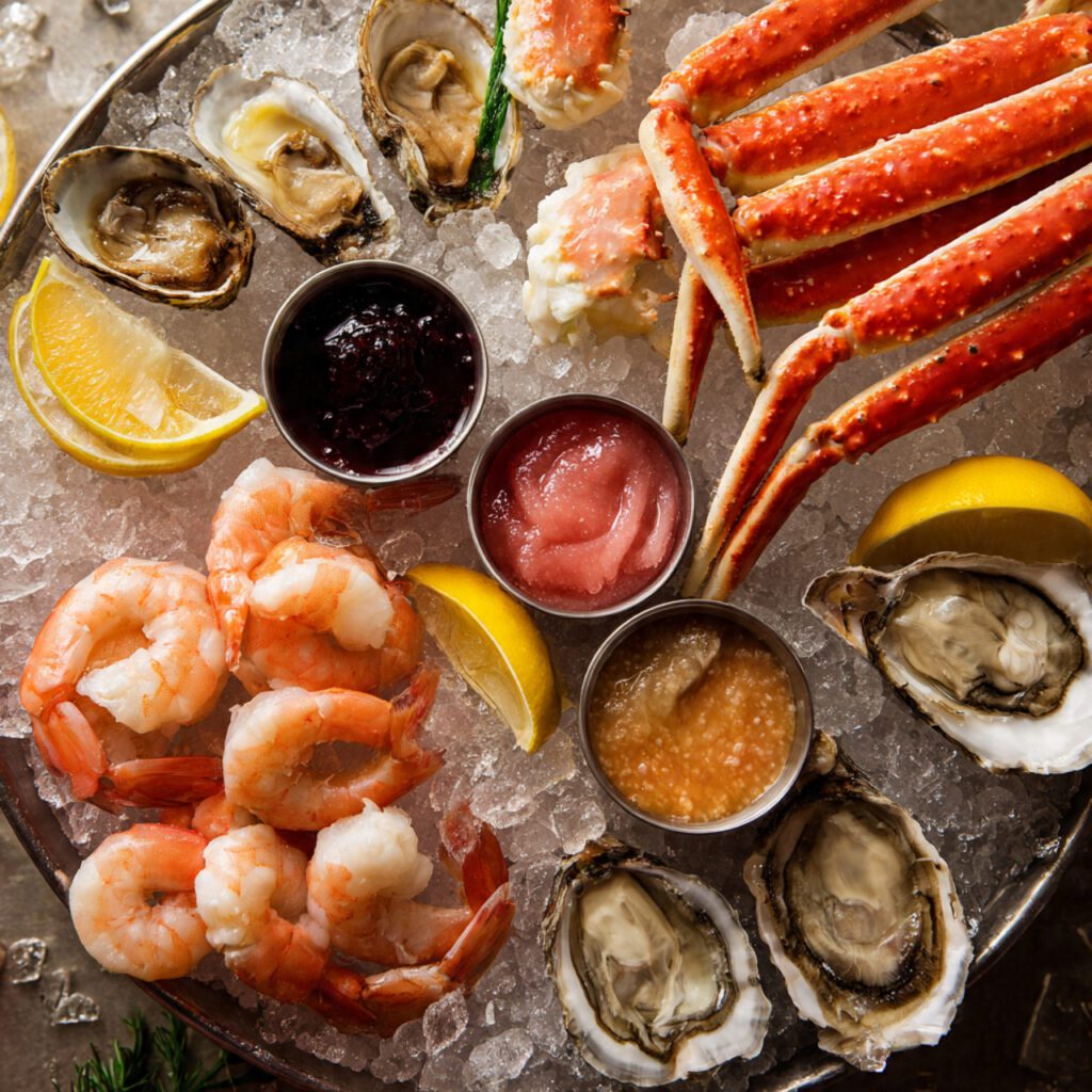 Flat lay collage of Seafood Tower raw ingredients: cooked shrimp, crab, oysters, lemon, and condiments on ice.