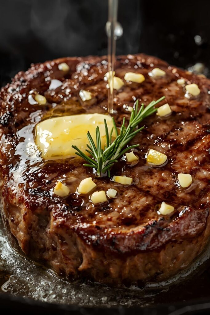 Extreme close-up of a pan-seared steak in a cast iron skillet being basted with foaming butter and herbs, showing a dark, caramelized crust)