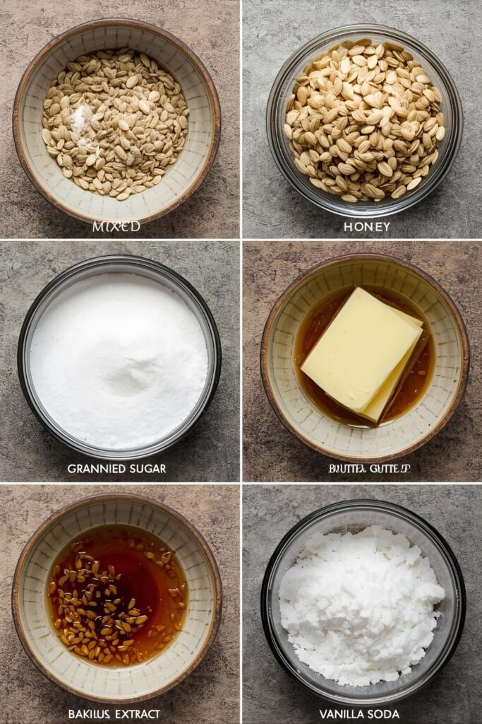 Rustic flat lay collage showing small bowls holding the seed brittle ingredients: mixed seeds, granulated sugar, honey, butter, baking soda, and vanilla extract.