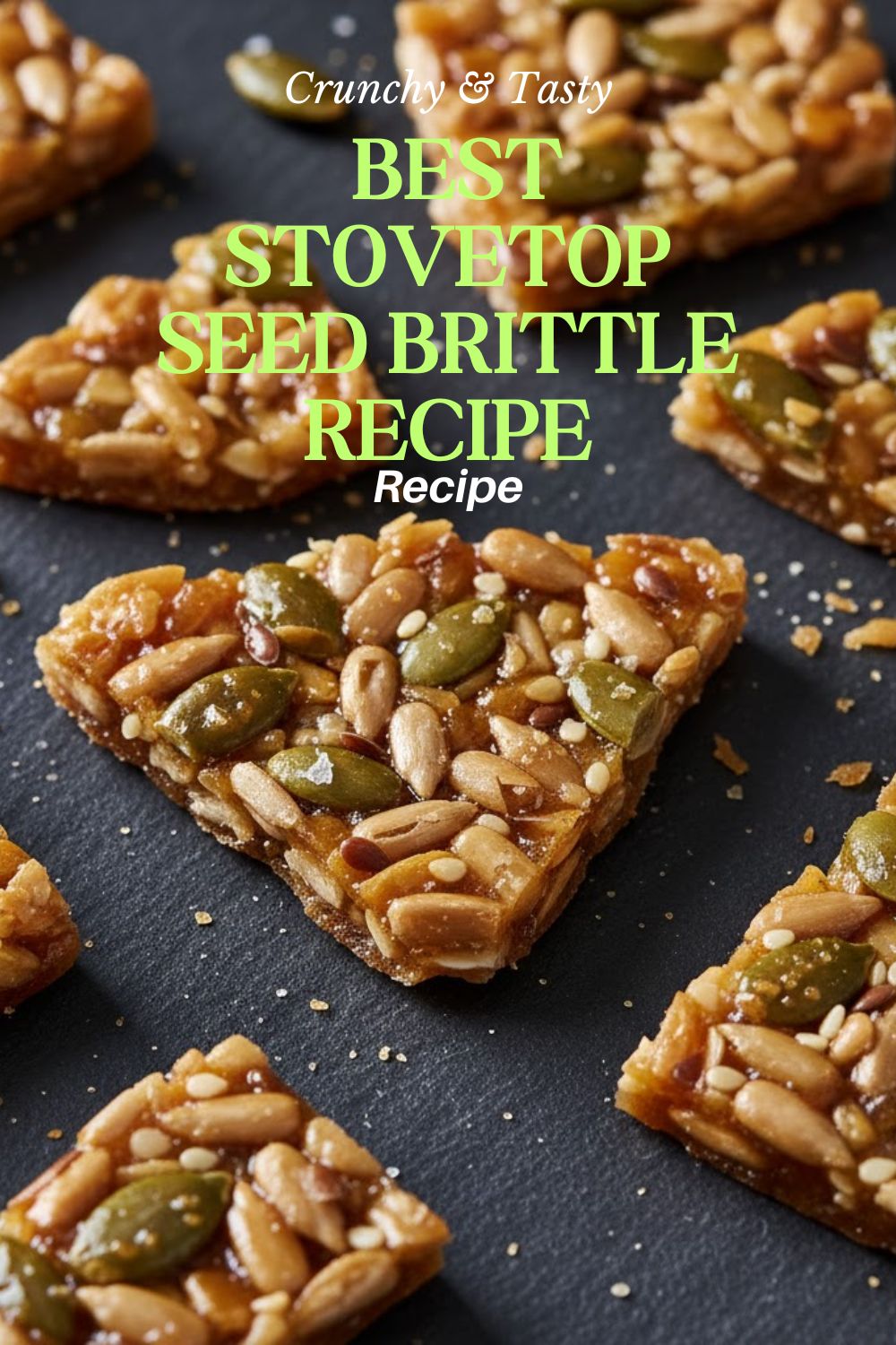 Close-up of golden, shattered Seed Brittle pieces scattered on a dark surface, featuring the bold white text overlay: "SEED BRITTLE."