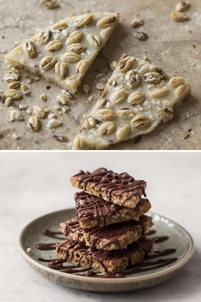 Two distinct sections of a large image. The left side features a close-up, high-definition macro shot of the broken seed brittle. The right side shows a small stack of the chocolate-drizzled brittle variation.