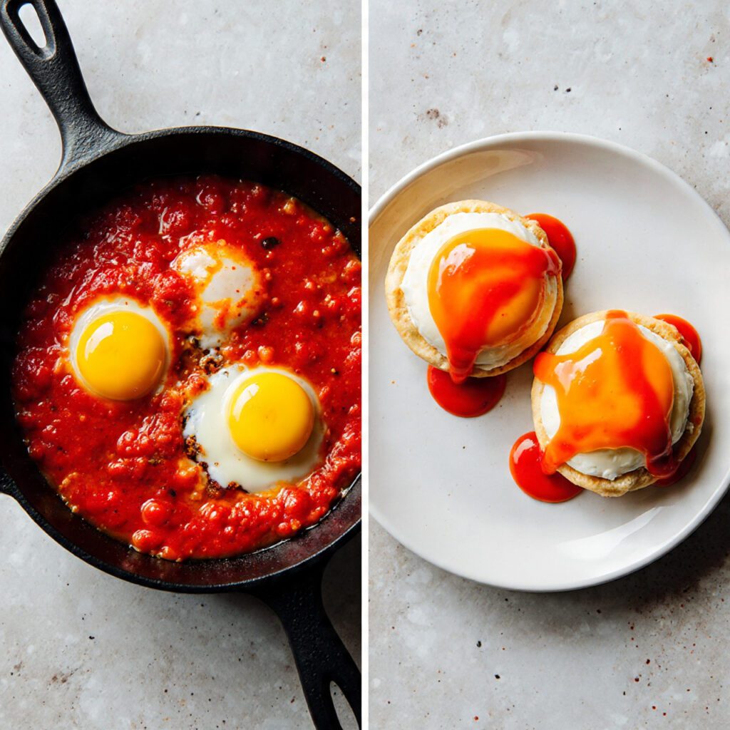Two views of the dish: Shakshuka tomato base simmering in a skillet and a final plated Shakshuka Eggs Benedict.