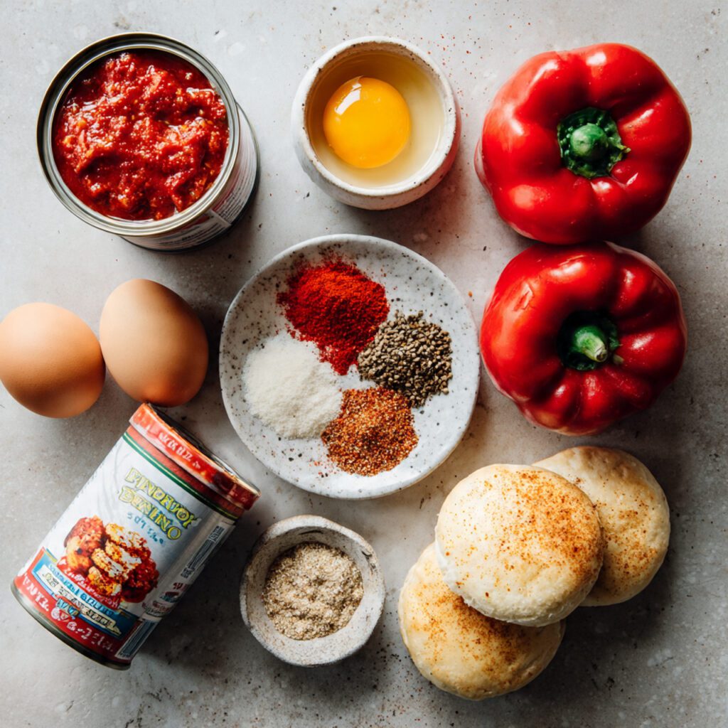 Flat lay collage of raw Shakshuka Eggs Benedict ingredients: eggs, crushed tomatoes, butter, spices, and English muffins.