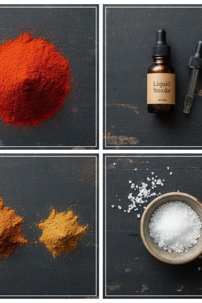 A flat lay collage showing the essential ingredients for homemade Smoked paprika: a jar of regular paprika, a bottle of liquid smoke, and small piles of chipotle powder and cumin, arranged on a dark, rustic wood cutting board.