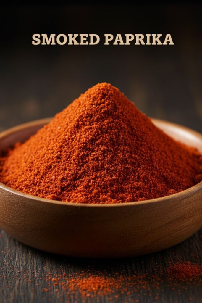 A viral, indulgent, and highly clickable image of a small mountain of vibrant red Smoked paprika powder in a rustic wooden bowl, with the text overlay "SMOKED PAPRIKA" in a bold, dark font.