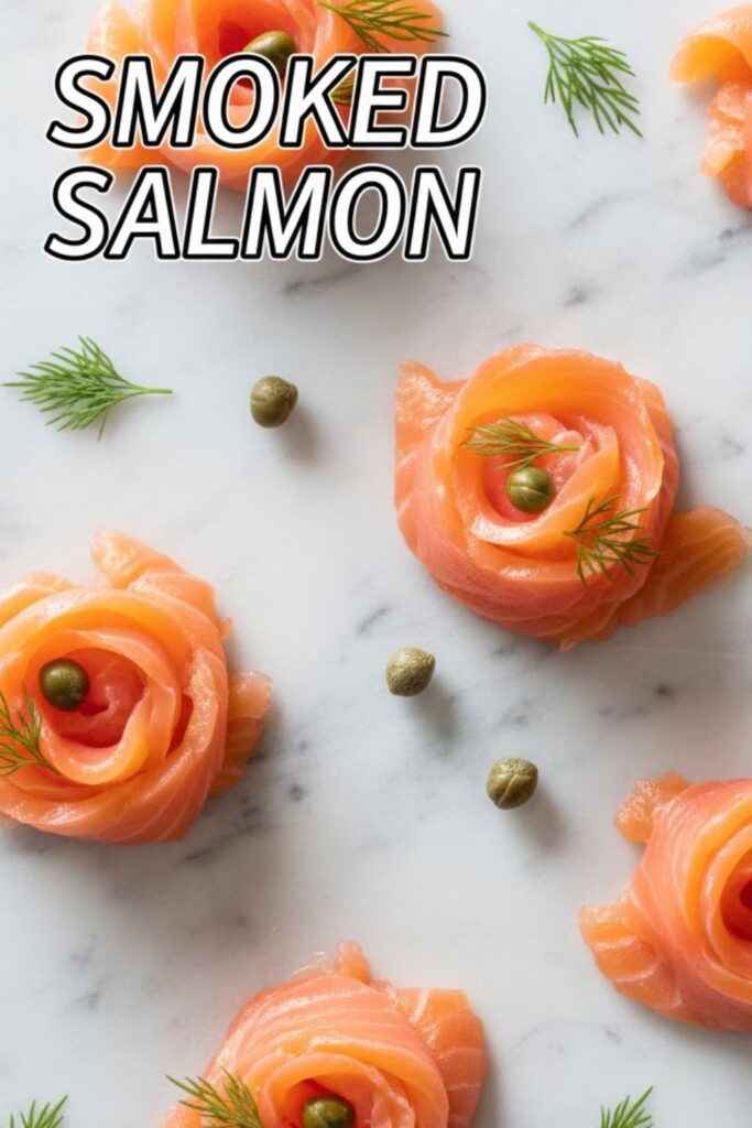 A close-up, vibrant overhead photo of thin slices of pink smoked salmon artfully arranged on a white board with capers and fresh dill, featuring the bold text overlay: SMOKED SALMON.