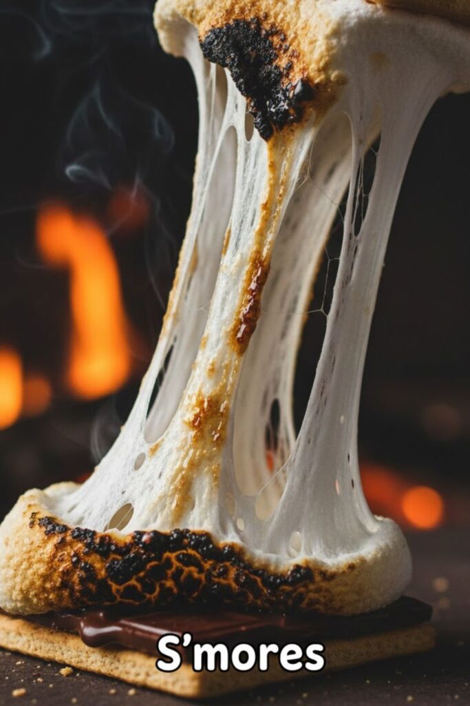 Extreme close-up of a hand pulling apart a S'more with gooey marshmallow stretch and melting chocolate, featuring a bold text overlay. T