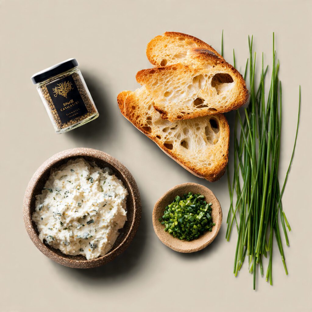 A collage showing the essential ingredients: a small jar of Snail Caviar, a bowl of Crème Fraîche, thin slices of toasted baguette (croûtes), and finely minced fresh chives.