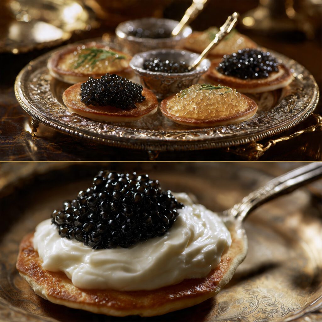 Two servings of Snail Caviar. One is a wide shot of an elegant platter with blinis, dipping sauces, and the caviar on ice, and the other is an extreme close-up of a single blini topped with crème fraîche and a spoonful of the white caviar pearls.