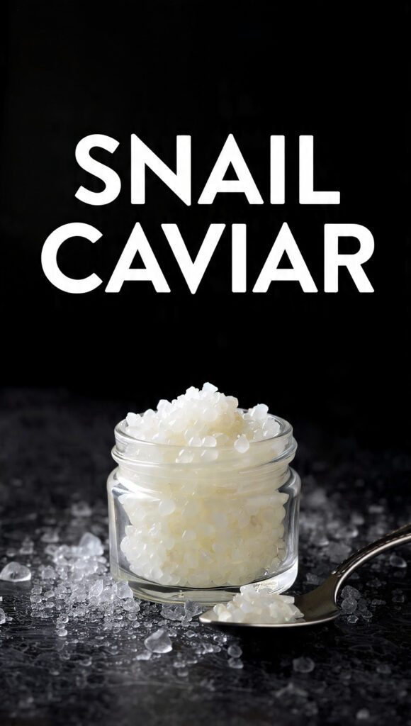 A close-up shot of a small glass jar of pearlescent white Snail Caviar sitting on crushed ice, next to a spoon, with a blurred background of blinis and crème fraîche. The text overlay reads: "SNAIL CAVIAR"