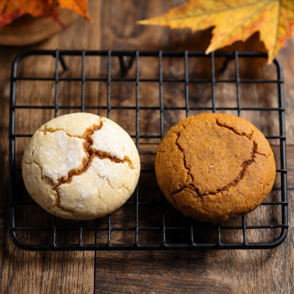 A side-by-side photograph showing two different cookies: one classic snickerdoodle and one darker, pumpkin spice snickerdoodle, highlighting the flavor customization