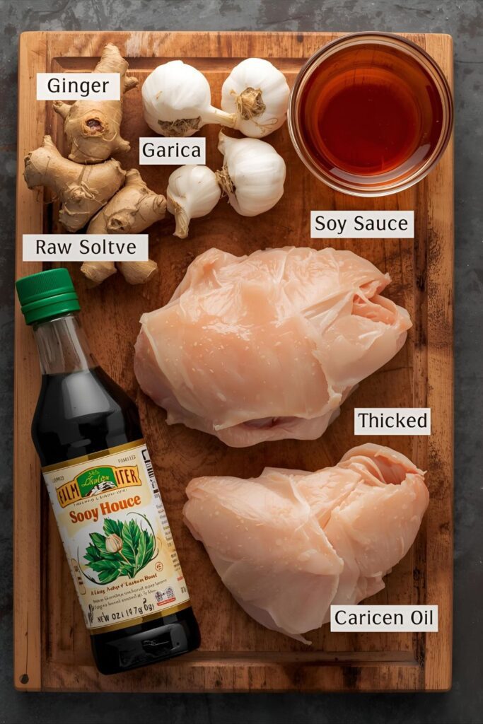 Overhead collage of the raw ingredients for the recipe, including fresh ginger, garlic, bottle of soy sauce, honey, raw chicken thighs, and sesame oil)