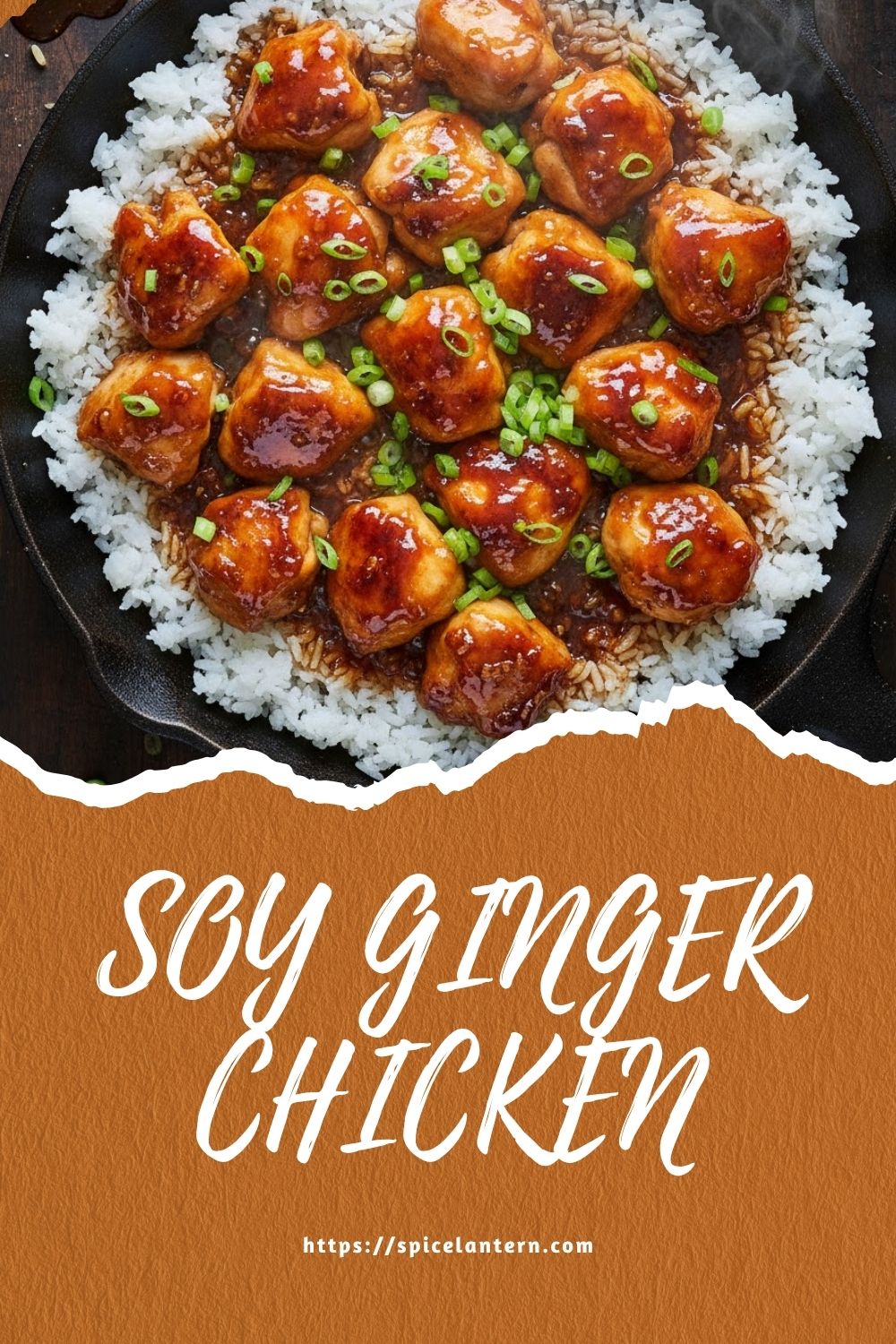 Viral, high-contrast photo of Soy Ginger Chicken served in a bowl over rice, with large, bold text overlay saying "SOY GINGER CHICKEN"