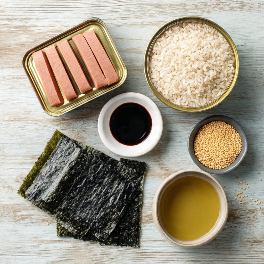 Flat lay collage of raw Spam Musubi ingredients: canned Spam, sticky rice, Nori sheets, and glaze ingredients.