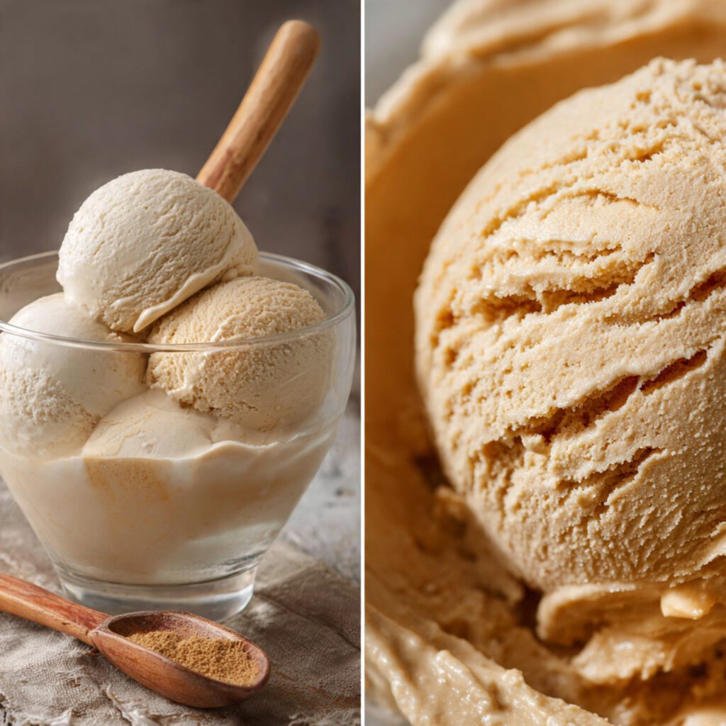 A two-part image. Left: A wide shot of a glass serving bowl with two different flavors of camel milk ice cream—one plain and one spiced with cardamom—with a small ice cream scoop resting next to it. Right: A macro close-up shot focusing on the smooth, dense texture of the spiced camel milk ice cream scoop. (223 characters)