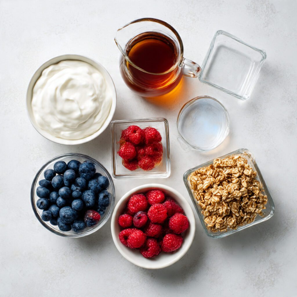 A high-quality collage image showing all the simple ingredients: Greek yogurt, maple syrup, mixed berries, and cluster granola, artistically arranged with square glass containers.