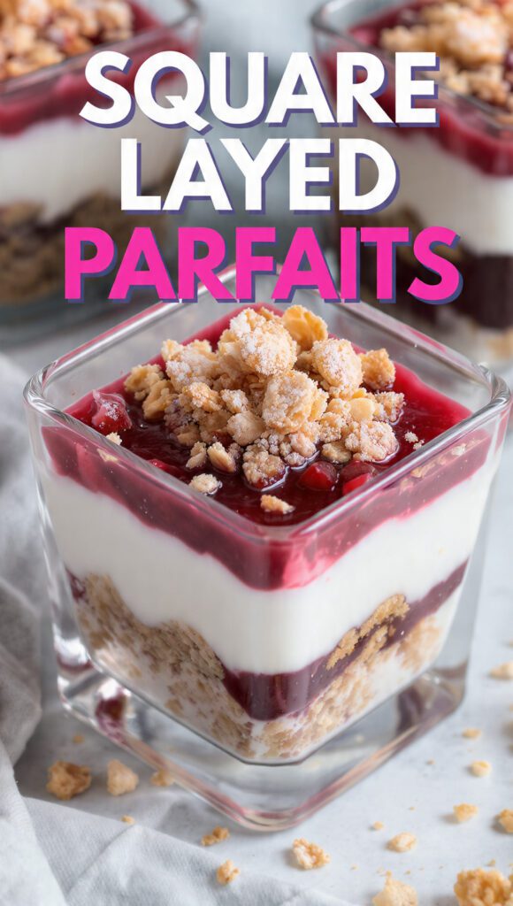 A close-up, vibrant overhead photo of a square glass parfait, showing clean, visible layers of pink berry sauce, white yogurt, and granola, featuring the bold text overlay: SQUARE LAYERED PARFAITS.