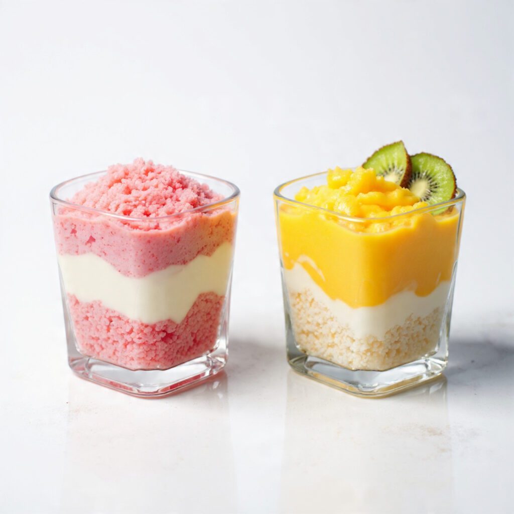 A side-by-side photograph showing two different square parfaits: one classic berry/yogurt parfait and one tropical mango/coconut cream parfait, highlighting the flavor versatility.