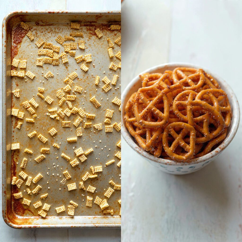 Two views of Starlight Cereal Mixes: spread on a baking sheet and a close-up of the crunchy, finished product.