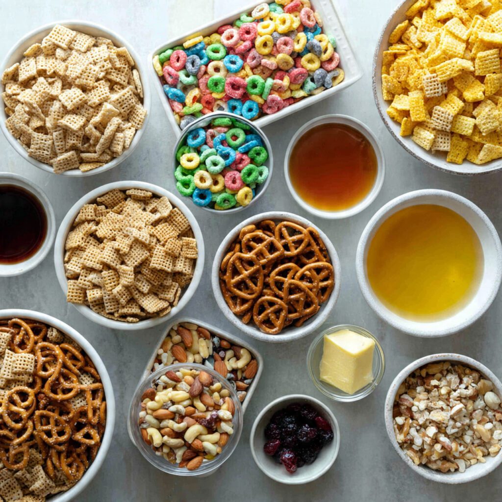 Flat lay collage of Starlight Cereal Mixes raw ingredients: cereals, pretzels, nuts, and glaze components.