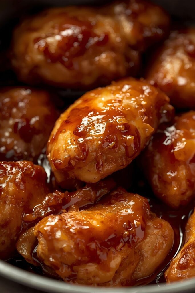 Extreme close-up of a serving of sticky Soy Ginger Chicken with a glossy, caramelized glaze, garnished with chopped green onions and sesame seeds)