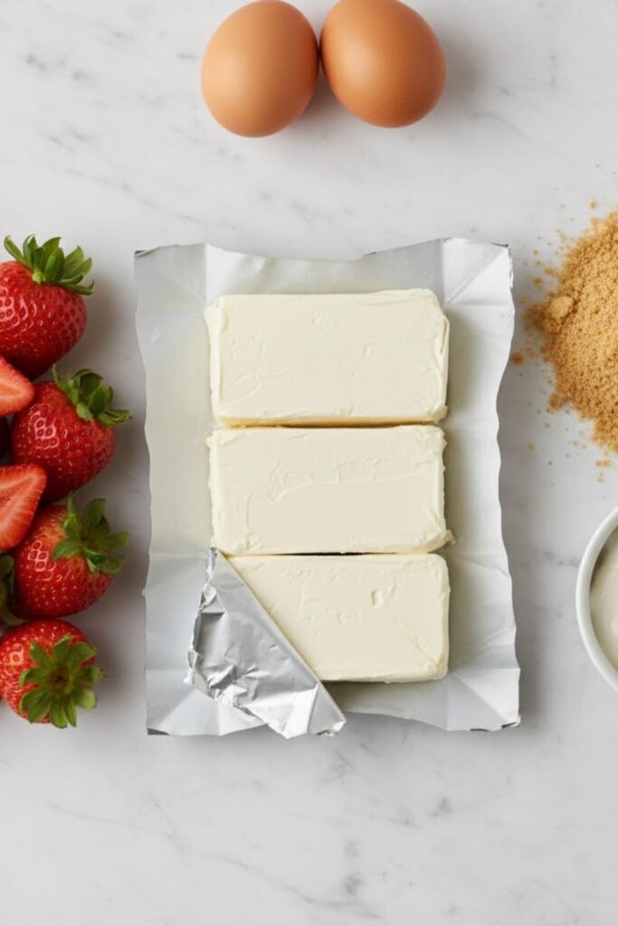A high-quality collage image showing all the simple ingredients: cream cheese blocks, fresh strawberries, graham crackers, eggs, and sour cream, artistically arranged on a wooden surface.