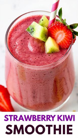 A vibrant pink and green strawberry kiwi smoothie with fresh sliced fruit next to it, set against a bright, clean kitchen background. Text overlay reads: STRAWBERRY KIWI SMOOTHIE