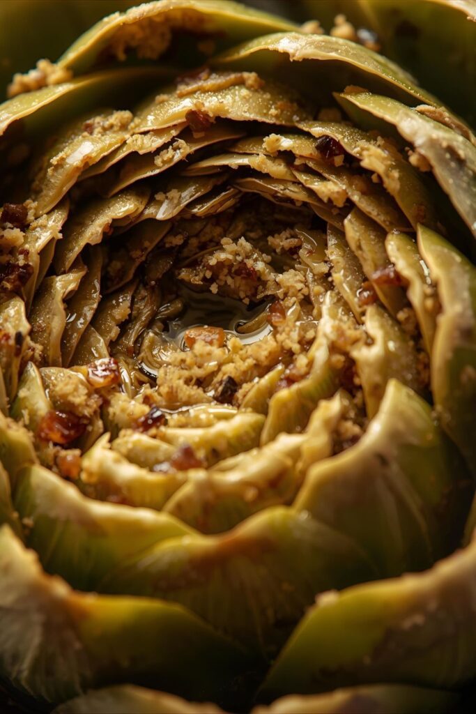 A 9:16 vertical close-up shot of a perfectly cooked stuffed artichoke, showing the golden stuffing and tender leaves in detail.