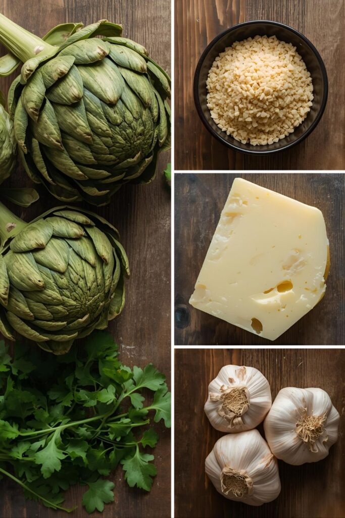 A 9:16 collage showing the ingredients for stuffed artichokes: fresh globe artichokes, breadcrumbs, Pecorino cheese, garlic, and parsley.