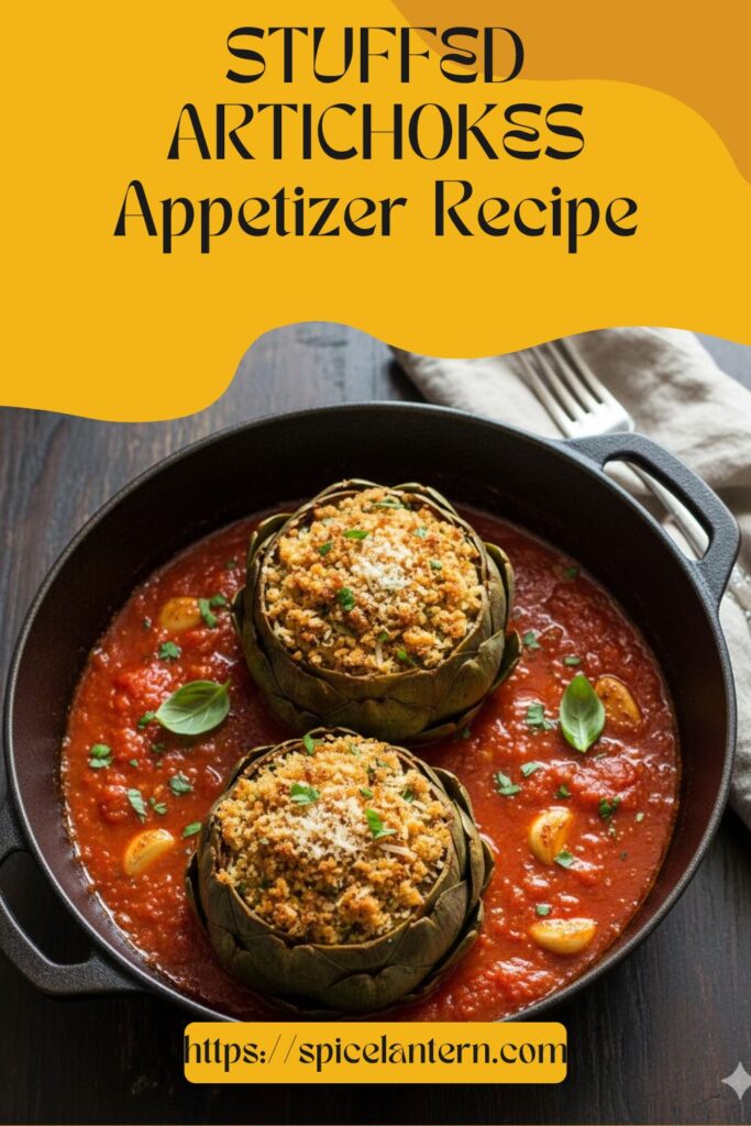 A 9:16 vertical pin image with the text "Stuffed Artichokes" overlaid on a vibrant photo of cooked artichokes stuffed with golden breadcrumbs.