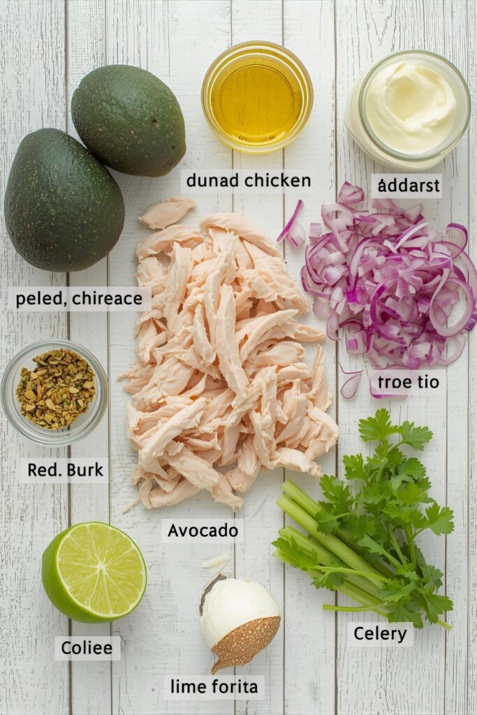 A colorful flat-lay collage of all the fresh ingredients for the stuffed avocado recipe: two whole ripe avocados, shredded cooked chicken, chopped red onion, celery stalks, a lime cut in half, and a jar of mayonnaise on a light wood background.