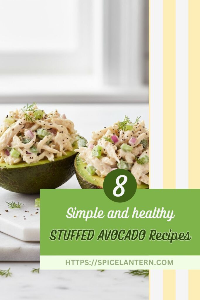 A vibrant, high-angle photo of two perfect halves of stuffed avocado, filled with creamy chicken salad and topped with fresh cilantro, with a bold, white text overlay reading: "Stuffed Avocado." The background is a bright, clean white marble