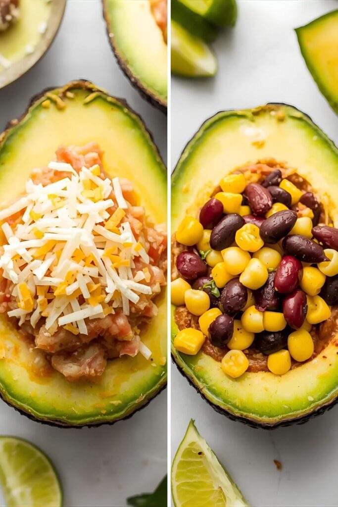 A close-up, tempting side-by-side photograph showing two distinct variations of stuffed avocado. On the left, a half-avocado stuffed with spicy tuna and topped with shredded cheese; on the right, a half-avocado stuffed with black bean and corn taco filling.